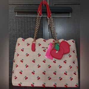 Betsey Johnson Heart Cherries XOTOTE Bag Purse Tote Heart Cherry Charm NWT